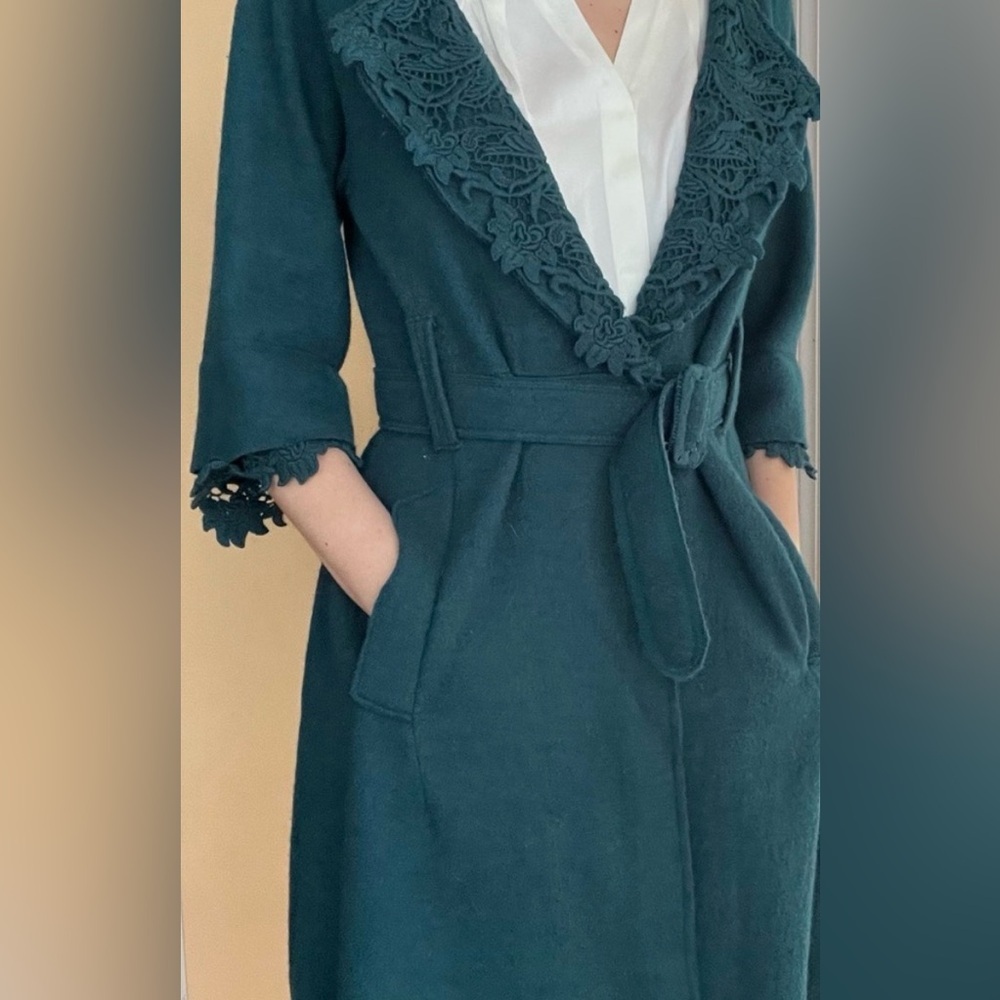 Anthropologie Sleeping on Snow Teal Wool Blend Lace Wrap Cardigan